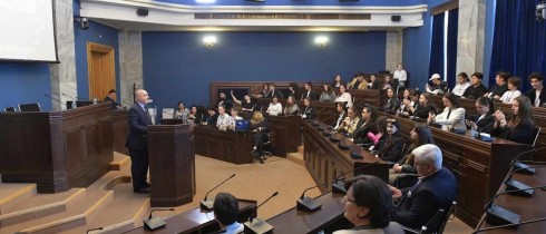 Meeting of Zaza Lominadze with Students of Merab Chokhonelidze Author's School
